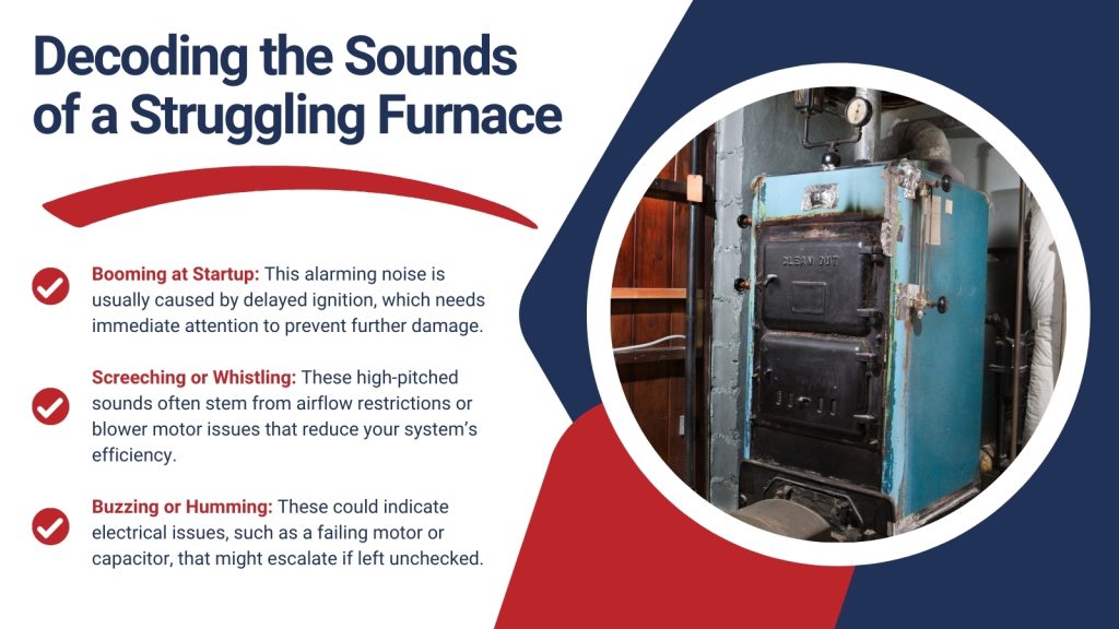 This is an image of an old furnace. The headline reads; Decoding the sounds of a struggling furnace.