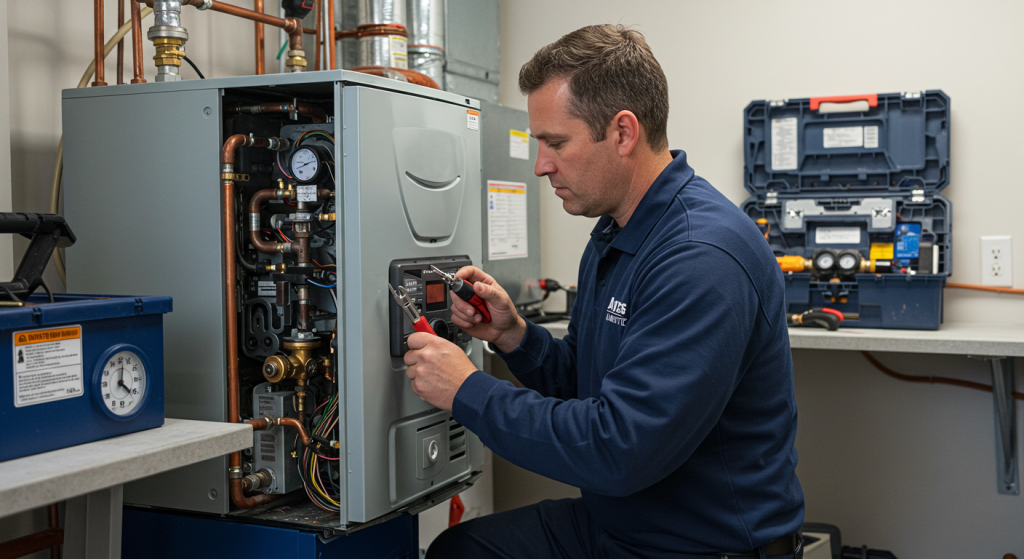 HVAC technician repairing a furnace in a residential setting, with tools and diagnostic equipment visible.