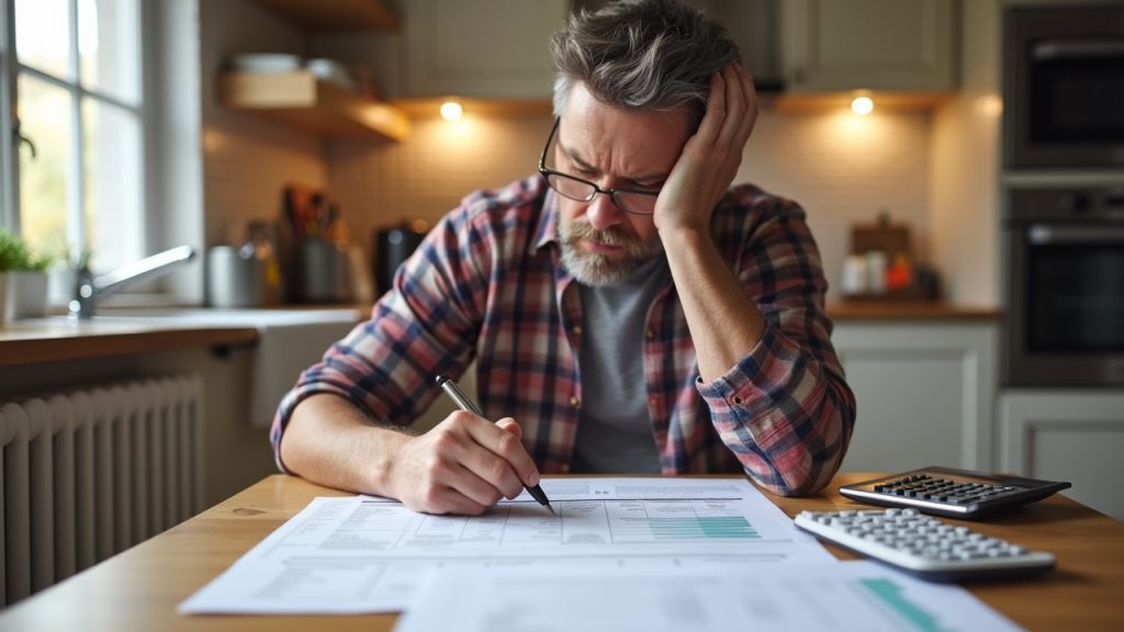 Concerned homeowner reviewing heating bills at a kitchen table, with a calculator and documents spread out.