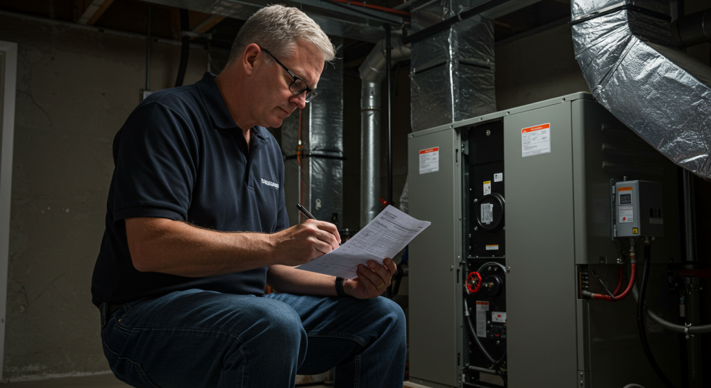 HVAC inspector reviewing documents and taking notes in front of a heating system.