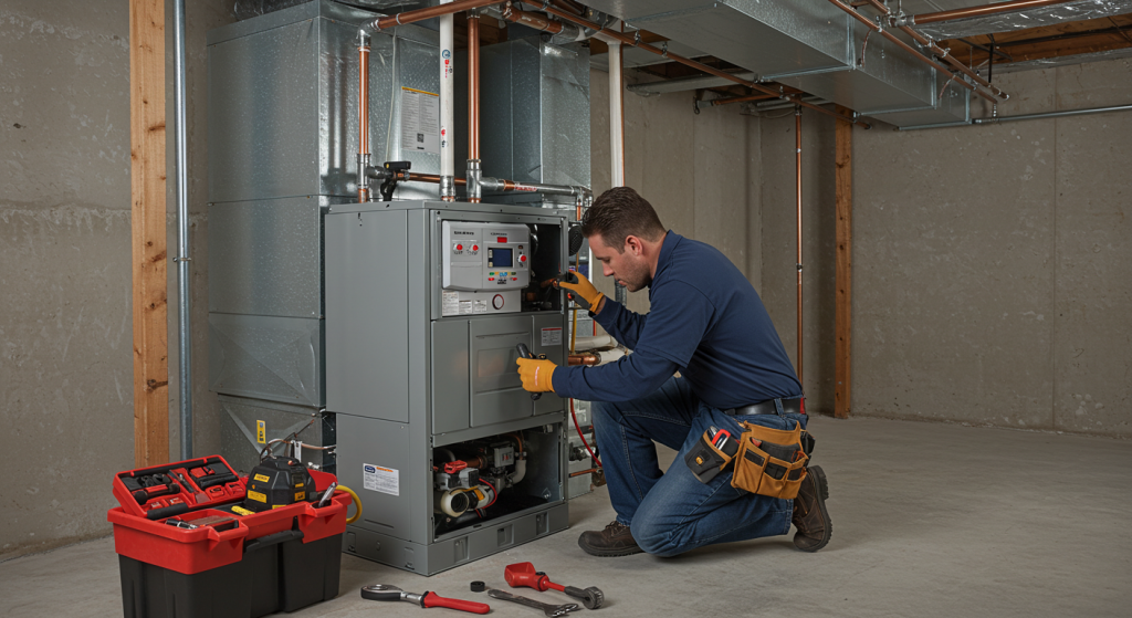 Furnace repair technician working on a heating system in a basement, surrounded by tools and equipment.