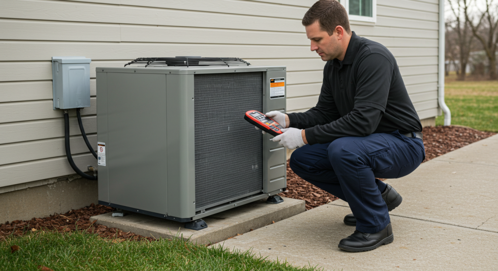 HVAC professional performing maintenance on an outdoor air conditioning unit, using diagnostic tools.