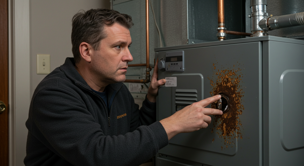 Technician examining a corroded part of a furnace, focusing on the damaged section.