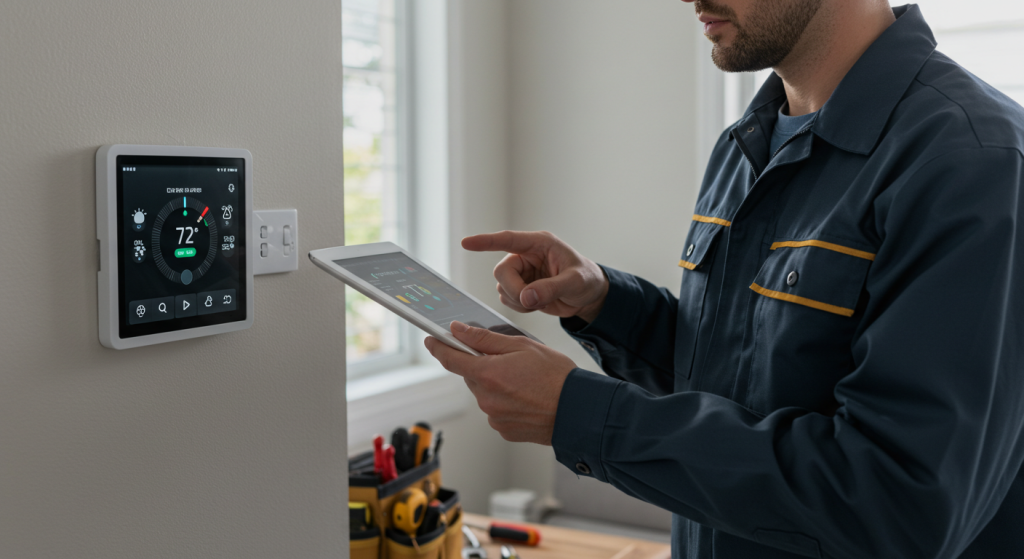 Technician adjusting a smart thermostat using a tablet in a modern home environment.