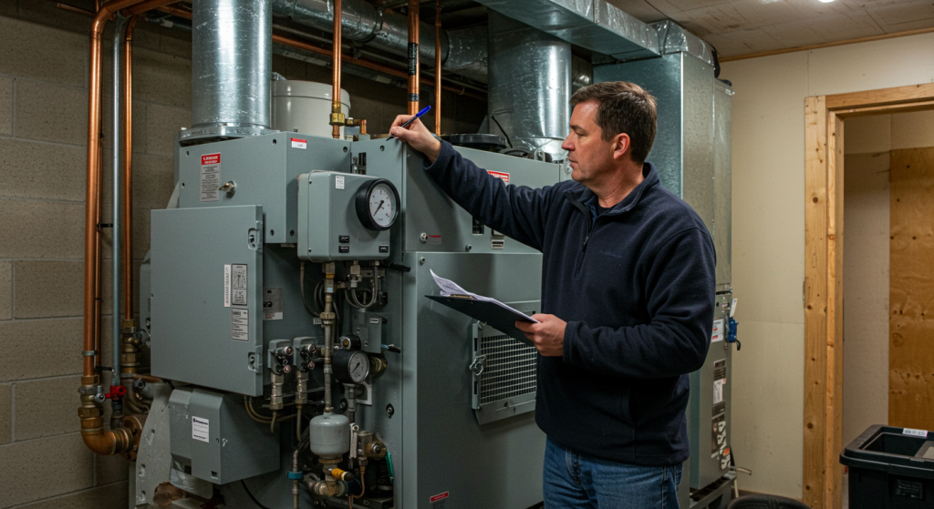 HVAC specialist recording system performance data on a clipboard in a commercial boiler room.