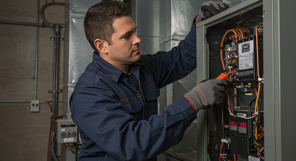 Technician troubleshooting the internal wiring of an HVAC system in an industrial setting.