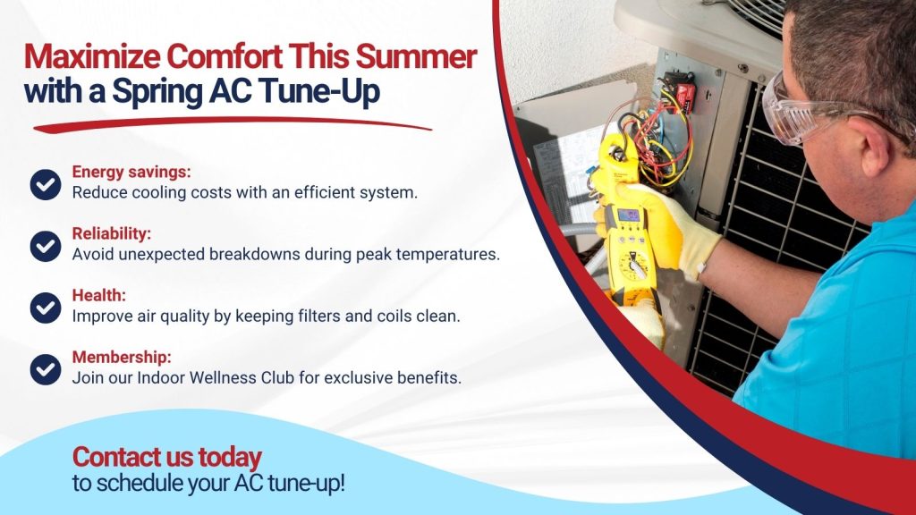 This is an image of an HVAC technician working on an AC unit and tuning it up. The headline reads maximize comfort this summer with a spring AC tune up.